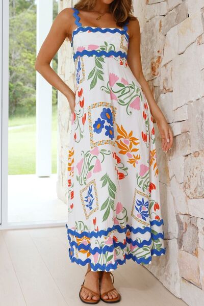 Printed Square Neck Wide Strap Midi Dress