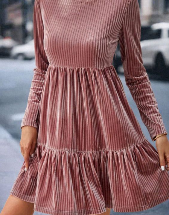 Ruffle Hem Round Neck Long Sleeve Dress