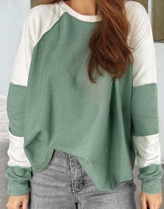 Color Block Round Neck Raglan Sleeve Top