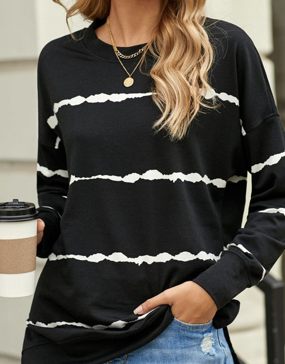 Slit Contrast Striped Round Neck Long Sleeve T-Shirt