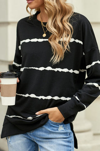 Slit Contrast Striped Round Neck Long Sleeve T-Shirt