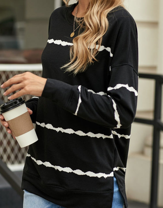 Slit Contrast Striped Round Neck Long Sleeve T-Shirt