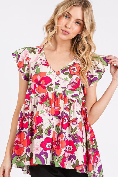 Mittoshop Floral V-Neck Ruffled Cap Sleeve Blouse