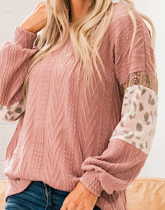 Sequin Leopard Round Neck Long Sleeve Sweater