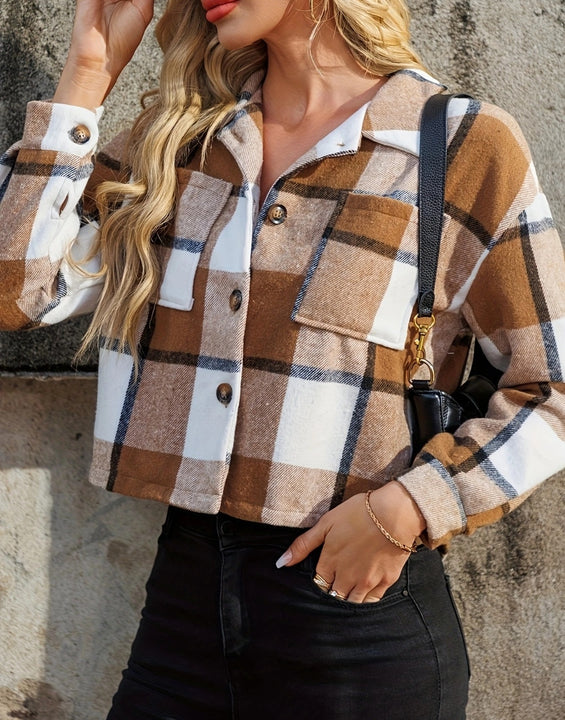 Plaid Collared Neck Cropped Jacket