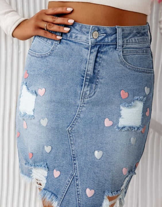 Distressed Raw Hem Heart Denim Skirt