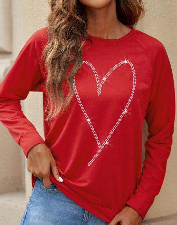 Valentine's Day Rhinestone Heart Long Sleeve Sweatshirt