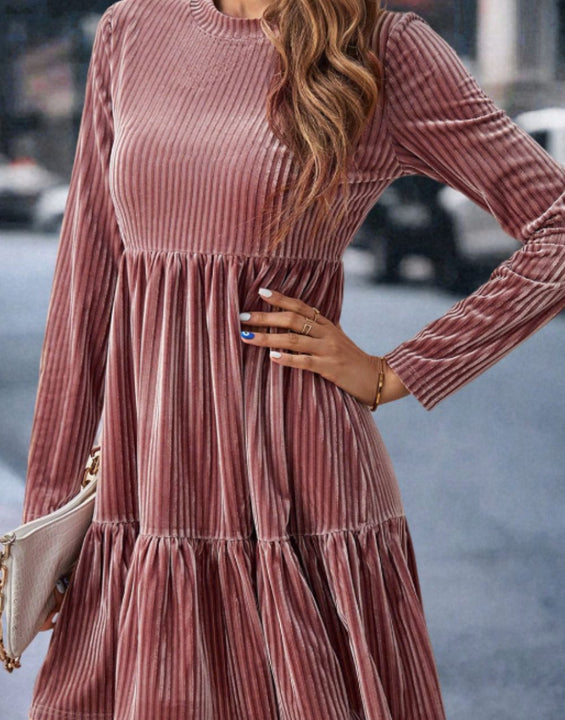 Ruffle Hem Round Neck Long Sleeve Dress