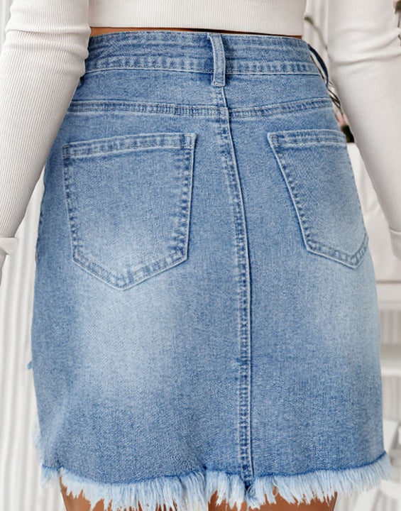 Distressed Raw Hem Heart Denim Skirt