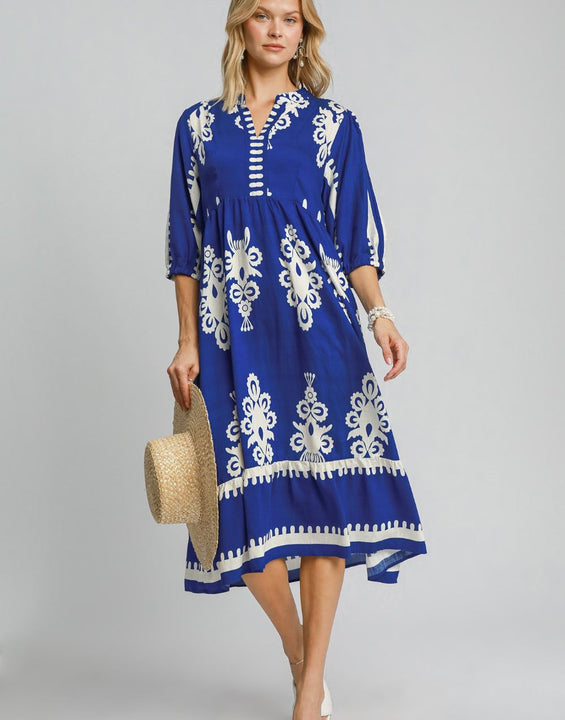 Umgee Printed Notched Midi Dress