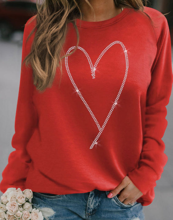 Valentine's Day Rhinestone Heart Long Sleeve Sweatshirt