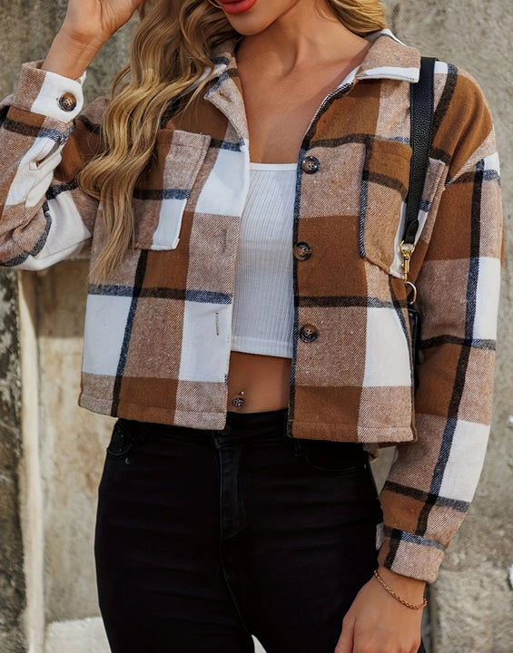 Plaid Collared Neck Cropped Jacket